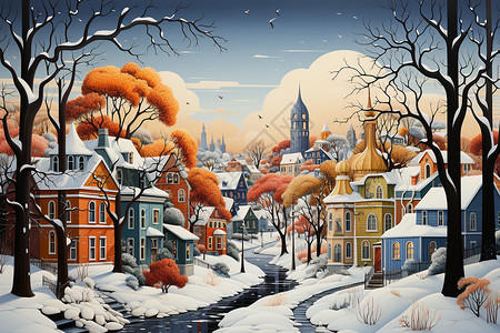 冰雪童话中的绘画之城高清图片