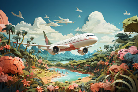 建模树木飞机飞过梦幻的度假胜地插画