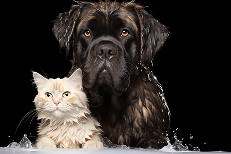 户外淋湿的狗和猫咪背景图片