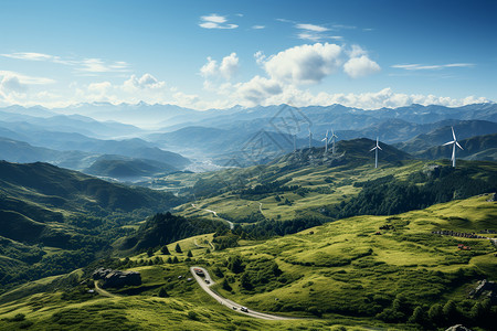 弯曲山道风力发电的山脉景色背景