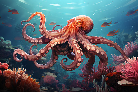 游动中章鱼海洋中的章鱼插画