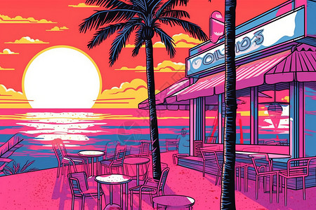 梦幻酒吧素材霓虹粉色沙滩酒吧插画