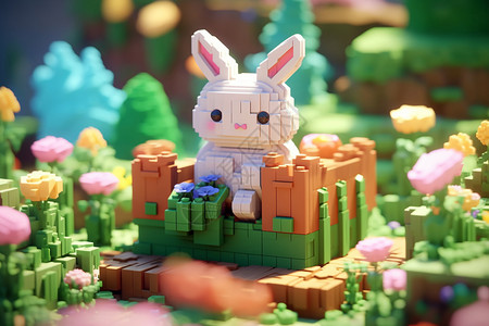 立方背景小玩具兔在石块上背景