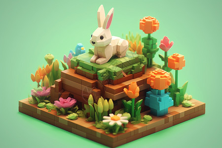 立方初春花林中温暖的玩具兔子背景