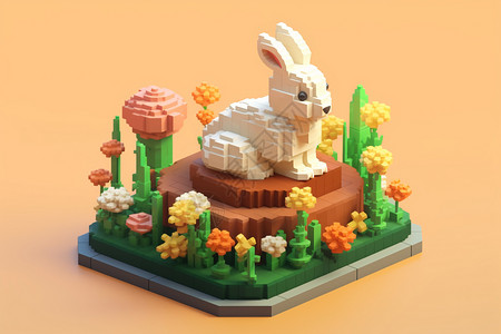 立方玩具兔和绿色花草图片