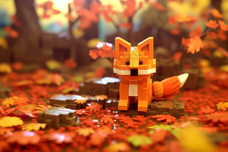 亮橙色的小狐狸落叶堆里的玩具狐狸。背景