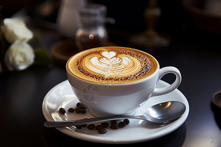 咖啡杯上有心形图案背景图片