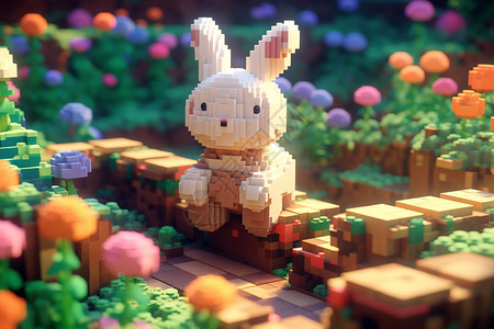 春日花园中的玩具兔子背景图片