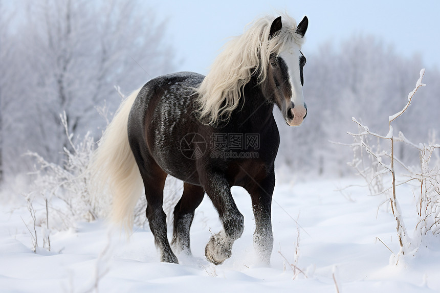 冬季雪山中白色鬓毛的马匹图片