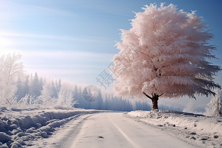 冬季白雪皑皑的乡村道路景观图片