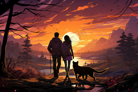 夕阳下男女携手遛狗的创意插图背景图片