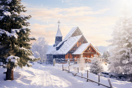 教堂白雪冬日童话的雪中教堂插画