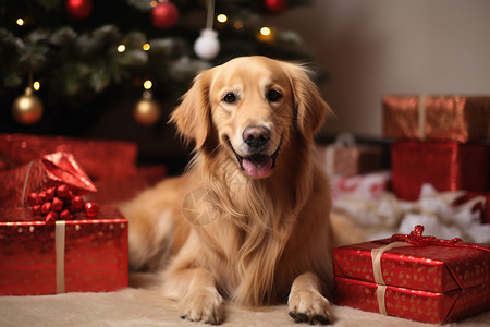 圣诞树宠物惊喜礼物旁的金毛犬背景