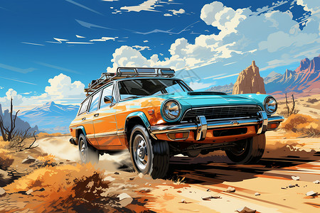橙色吉普车汽车沙漠上飞驰的汽车插画