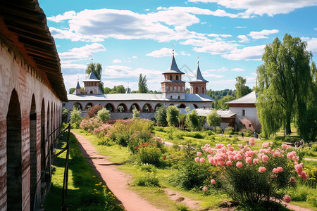 中世纪建筑中生机勃勃的庭院背景图片