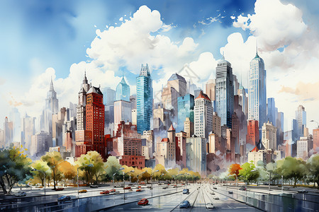 繁华的城市景观水彩插图背景图片