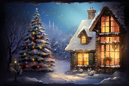 雪中小屋圣诞装饰的村中小屋插画