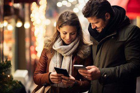 城市街头一起玩手机的情侣图片