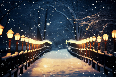 雪中夜晚木栈道旁的灯光背景图片