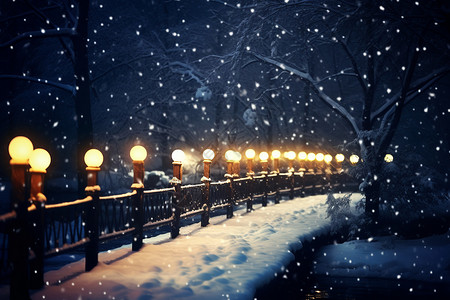 雪路灯冬季雪中的公园小路设计图片