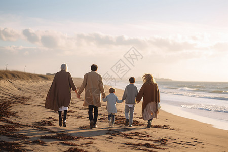 海边散步的家人背影图片