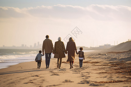 沙滩上散步的一家人图片
