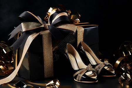 金色丝带包装的高跟鞋礼盒背景图片