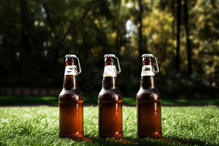 绿草如茵下的三瓶啤酒图片