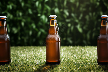 啤酒瓶庆祝啤酒与绿草相映生辉背景