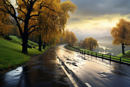 雨雾下的山脉公路背景图片