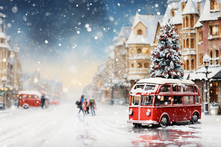 圣诞节街道上的红色巴士模型背景图片