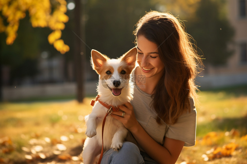 秋季公园中快乐的小狗和主人图片