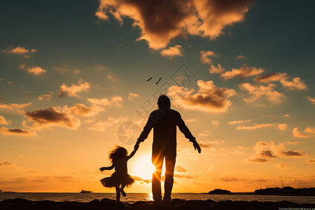 父女牵手夕阳沙滩上牵手的父女背景