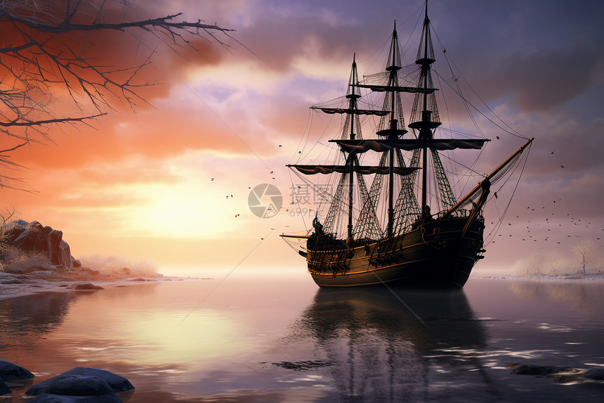 日落下的一艘帆船图片
