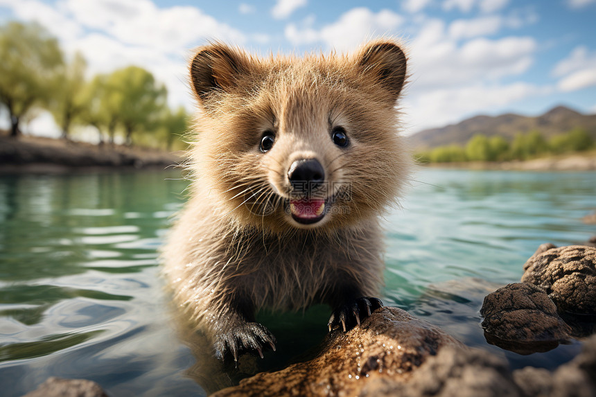 欢快的袋獾在水边嬉戏图片