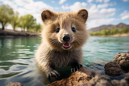 欢快的袋獾在水边嬉戏背景