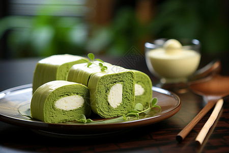 美味的绿茶蛋糕背景图片