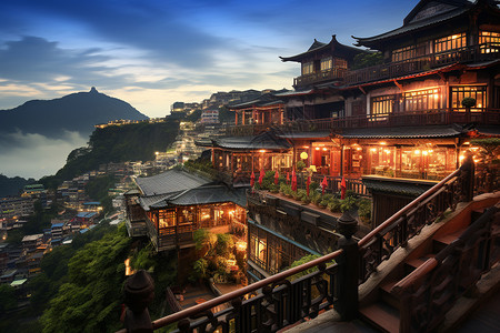 山间夜景山间古镇的秀丽夜景背景