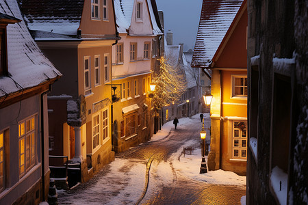 雪后夜晚的城镇街道图片