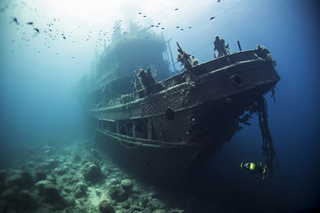 深海中的沉船遗迹背景图片