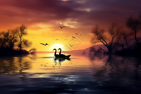 湖黄昏两只天鹅在湖面上游泳插画