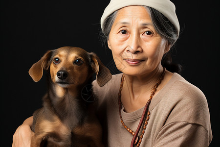 抱着狗狗合影的老年女人图片