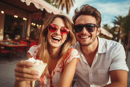 冰淇淋情侣夏日街头的情侣背景