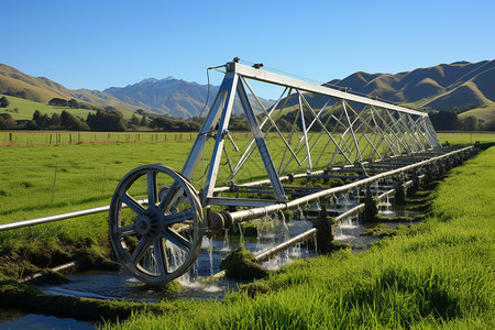 水车灌溉草地上的灌溉机背景