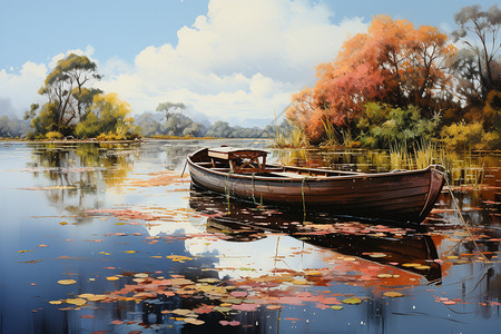 河畔渔船油画图片