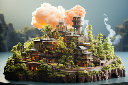 循环处理环境焚烧厂城市模型插画