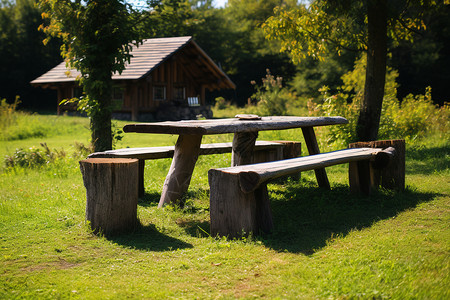 草地上的木质桌椅图片