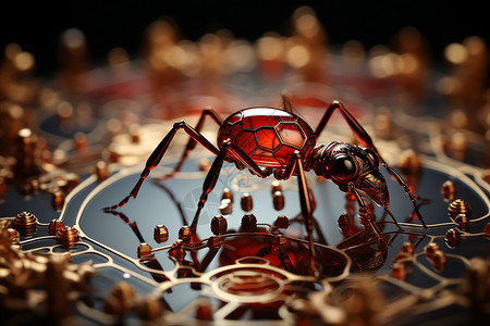 一只红蜘蛛在金色桌子上背景