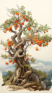 果树盆景古老的柿子树插画
