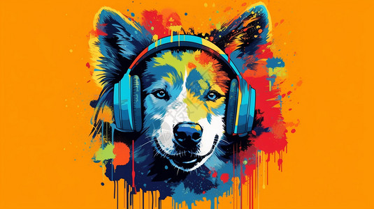 音乐戴耳机戴耳机的狗插画